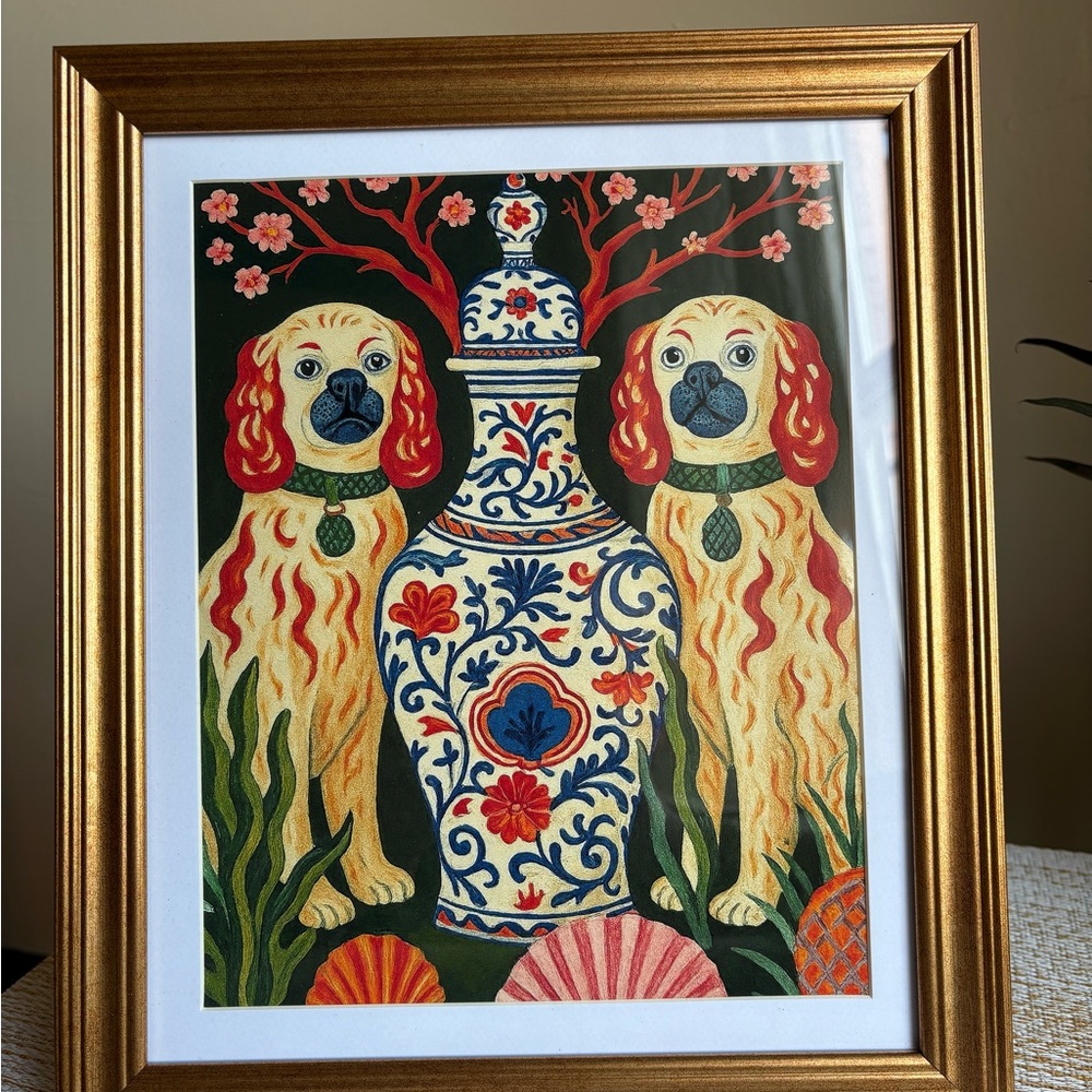Framed *new* Elegant Gold Framed Chinoiserie art with Stratfordshire Dogs, 8x10